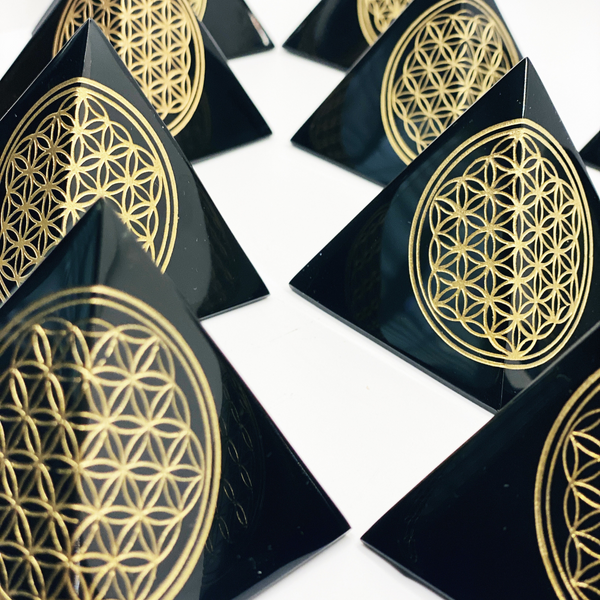 Flower of Life Black Obsidian Pyramid